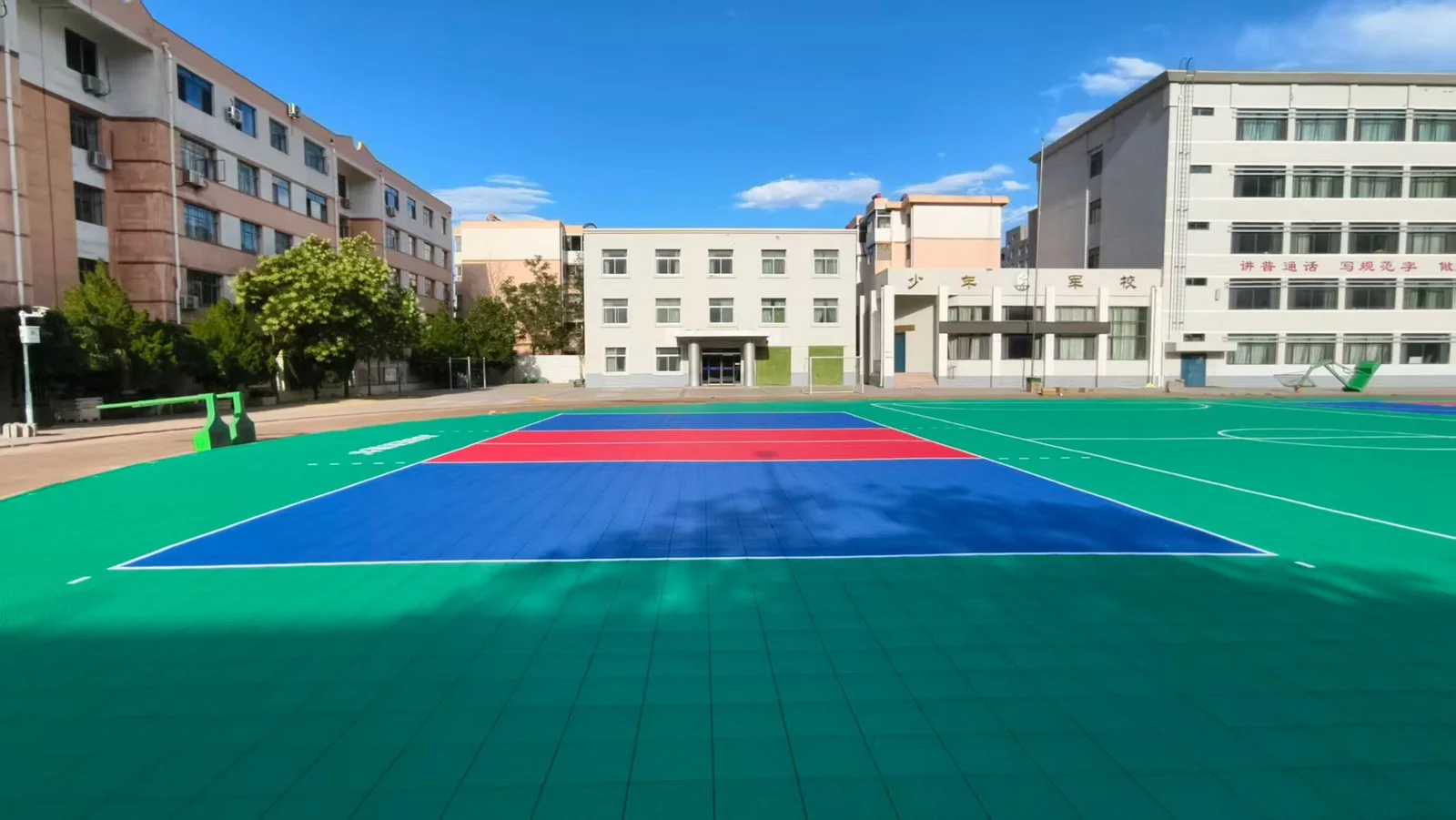 Ground-level view of the colored court zones.