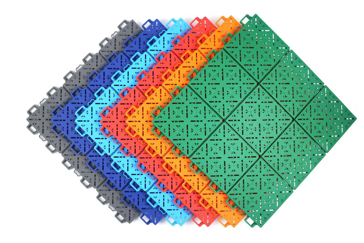 MAX X1 court tiles in six colors, showing surface patterns and connecting edges