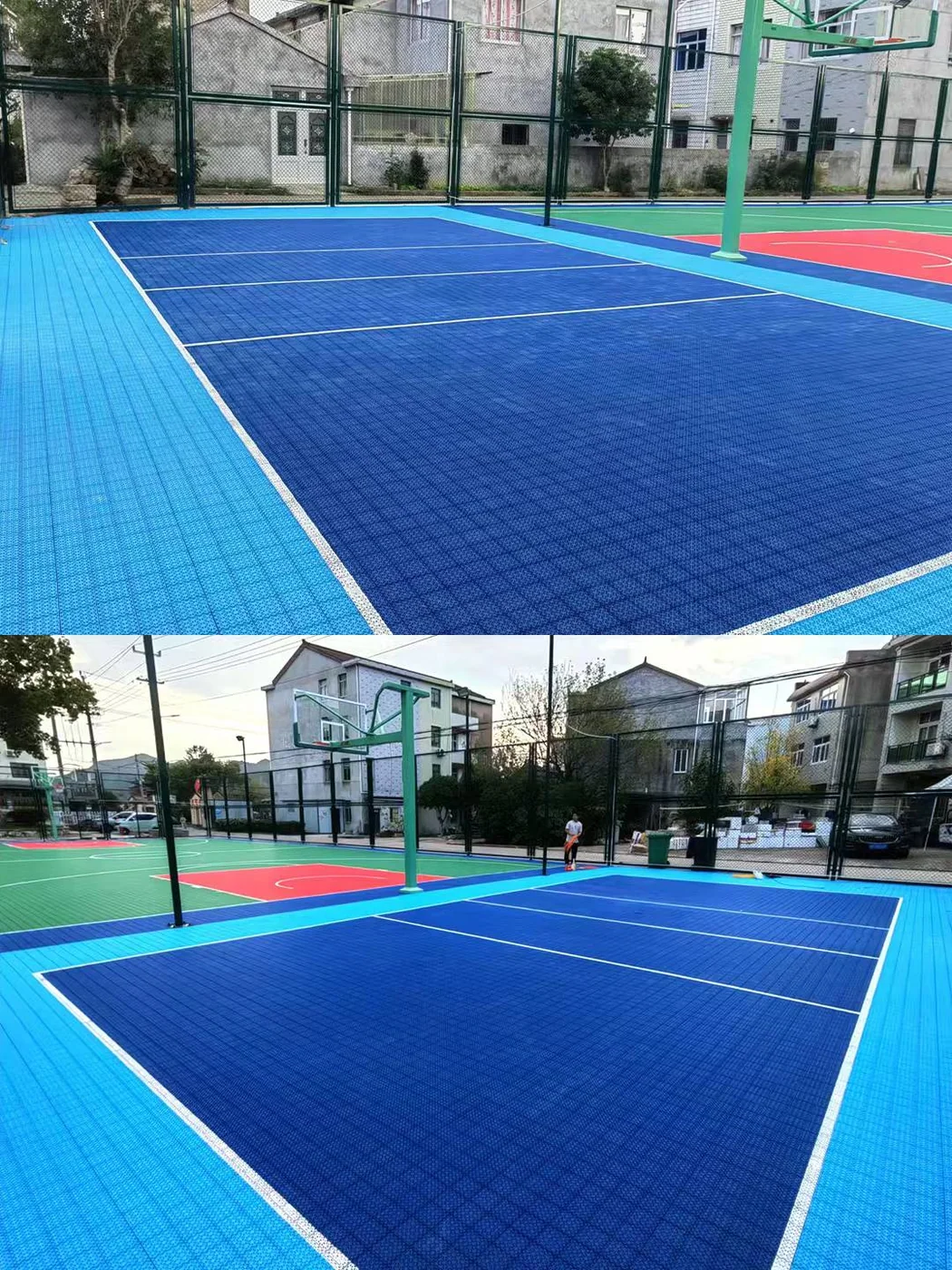 Two photographs of blue interlocking recreational volleyball areas next to a basketball court